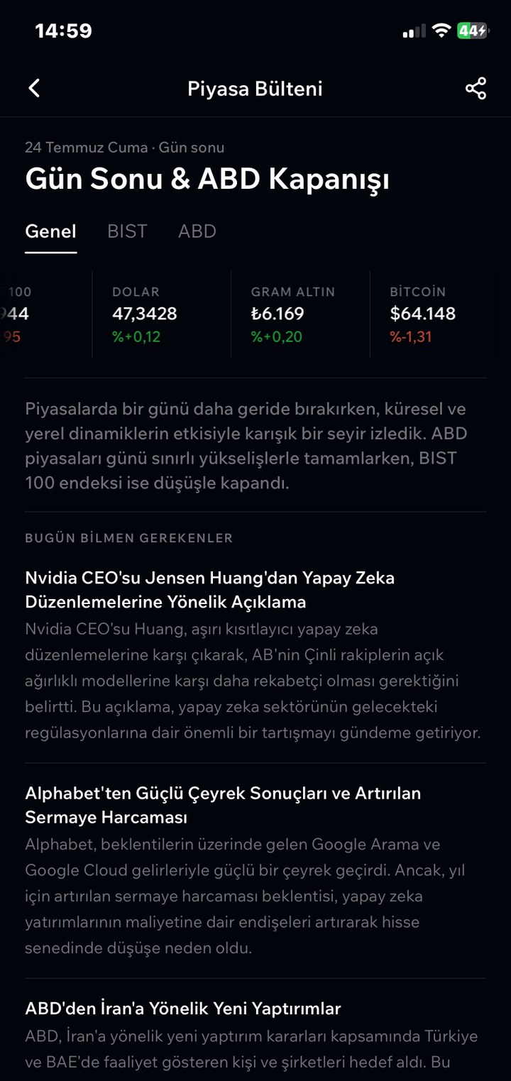 Piyasa Bülteni ekranı