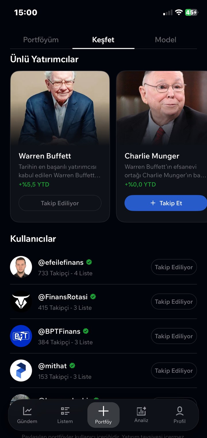 Topluluk ve ünlü yatırımcılar ekranı
